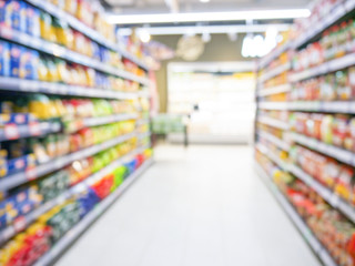 Abstract blurred supermarket aisle with colorful shelves and unrecognizable customers as background