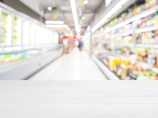 Abstract blurred supermarket aisle with colorful shelves and unr