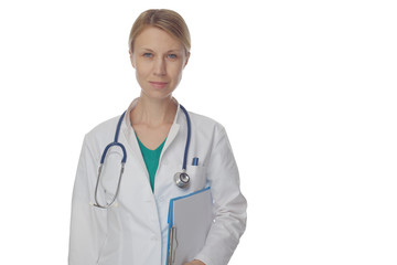 Fototapeta premium Portrait an unknown female doctor with a stethoscope isolated on white. Health care and medical concept.