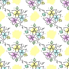 Poster Im Rahmen Vector seamless floral pattern with flowers, leaves, decorative elements, splash, blots, drop Hand drawn contour lines and strokes Doodle sketch style, graphic vector drawing illustration © Valentain Jevee