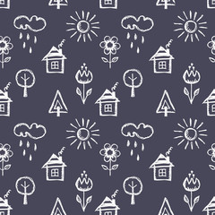 Seamless vector pattern with cute childish hand drawn  house, sun, cloud, rain, flowers, tree. Blue endless doodle background with line drawing sketch elements. Graphic repeat doodle illustration