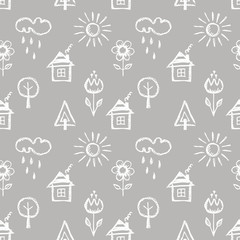 Fototapeta premium Seamless vector pattern with cute childish hand drawn house, sun, cloud, rain, flowers, tree. Grey endless doodle background with line drawing sketch elements. Graphic repeat doodle illustration
