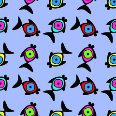 Fototapeta premium Vector seamless decorative pattern with hand drawn fish. Blue colorful background. Template for wrapping, fabric, cover, background. Series of hand drawn decorative seamless patterns.