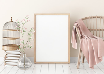 Vertical interior mockup with wicker chair, plaid and plant in vase on empty wall background. 3D rendering.