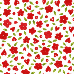Seamless pattern of red flowers and green leaf with hearts