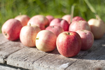 Ripe apples on wooden table over green bokeh background.