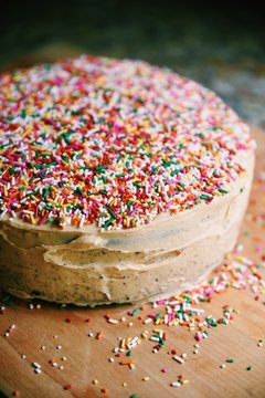 Cake, frosted and sprinkled 