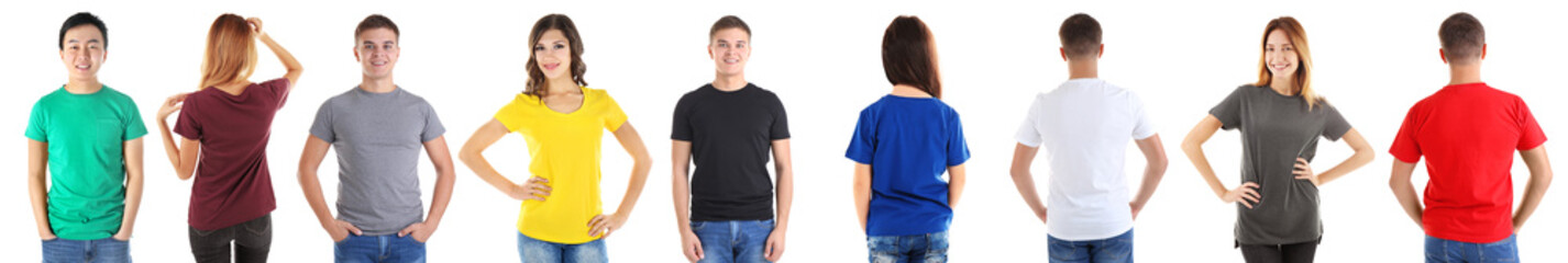 Different views of young people wearing t-shirts on white background