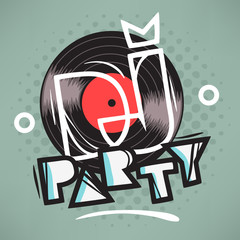 DJ Party Poster Design With Vinyl Record Illustration And Geomet
