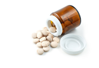 Aluminium blister pack of pills. The capsules are packaged in blisters, isolated on a white background. Disease. Flu. Medications.