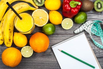 Fitness concept with fruit. Top view background concept. Fitness