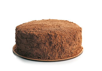Tasty chocolate cake on white background