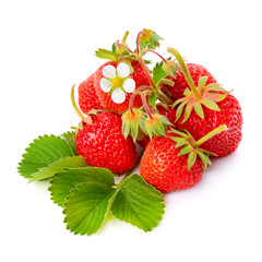 strawberries and green leaves isolated on white background