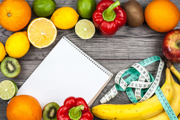 Fitness concept with fruit. Top view background concept. Fitness