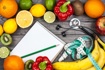 Fitness concept with fruit. Top view background concept. Fitness