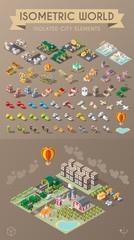 Isometric World on Dark Background. Set of Isolated Minimal City Elements.