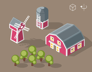 Set of Isolated Isometric Minimal City Elements. Barn , Windmill and Silo with Shadows on Dark Background.