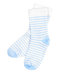 Blue striped baby socks isolated on white