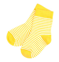 Yellow striped baby socks isolated on white