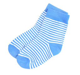 Blue striped baby socks isolated on white