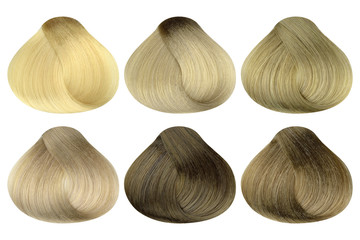 Set of locks of six different blonde hair color samples (bleaching cream, very light blonde, light...
