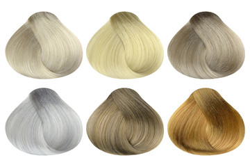Set of locks of six different blonde hair color samples (arctic, pearl, light ash, platinum, ash...