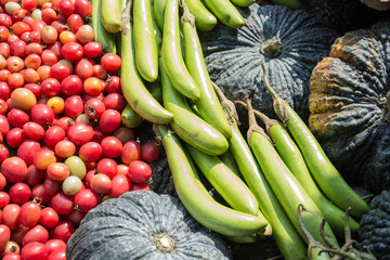 Heap of fresh vegetables, eggplant, pumpkin and tomato on wooden