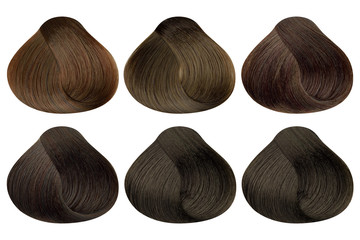 Set of locks of six different brown hair color samples (caramel, golden coffee, auburn, dark auburn, natural brown and dark chocolate), rounded shape, isolated on white background, clipping path inclu