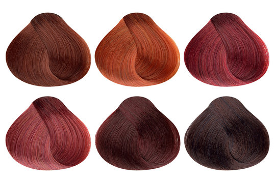 Set of locks of six different red hair color samples (copper, copper shine, ruby red, garnet, mahogany coral and dark mahogany), rounded shape, isolated on white background, clipping path included