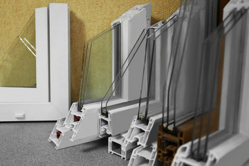Set of window profile samples in shop