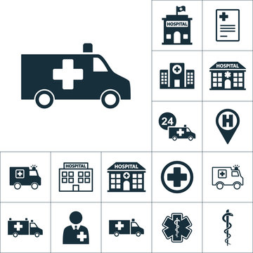 ambulance medical van icon, medical set on white background