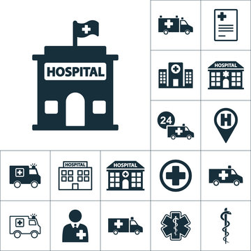 hospital building front icon, medical set