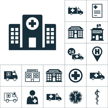 hospital building front icon, medical set