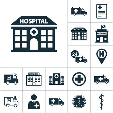 hospital building front icon, medical set