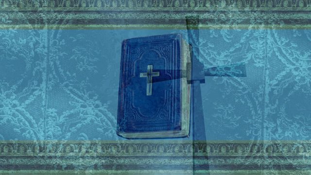 3d rotating bible with cross overlay and abstract background