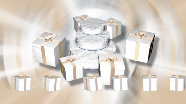 3D spinning creamy cake with golden ribbon present boxes scrolling