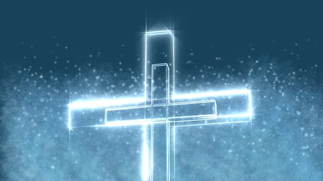 3D rotating blue glowing cross with animated particles
