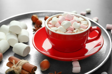 Obraz na płótnie Canvas Cup of hot cocoa with marshmallows on tray
