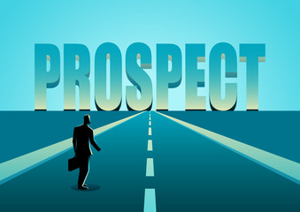 Businessman walking on road towards the word Prospect