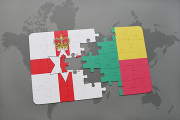 puzzle with the national flag of northern ireland and benin on a world map