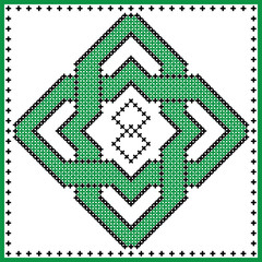 Celtic  endless knot in rosette shape in black and green cross stitch pattern on white and black background inspired by Irish St Patrick's day and ancient Scottish culture  
