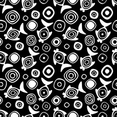 Vector seamless decorative pattern with hand drawn fish. Black and white background. Template for wrapping, fabric, cover. Series of hand drawn decorative seamless patterns.