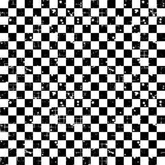 Fototapeta premium Seamless vector pattern. Black, white geometric checkered brown background with squares. Grunge texture with attrition, cracks and ambrosia. Old style vintage design. Graphic illustration.