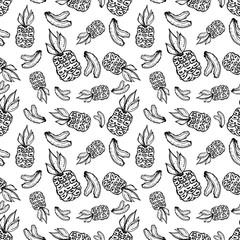 Seamless vector pattern. Hand drawn black and white fruits illustration of banana, pineapple on the white background. Line drawing,