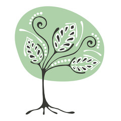 Vector hand drawn illustration, green decorative ornamental stylized tree. Green graphic illustration isolated on the white background. Hand drawing silhouette. Decorative artistic abstract branch