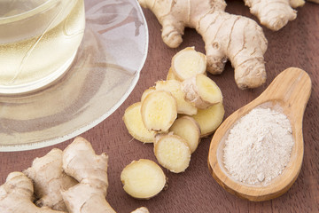 Ginger tea with sliced and ground roots - Zingiber officinale