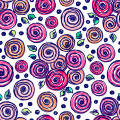 Fototapeta premium Seamless vector hand drawn floral pattern. Colorful Background with flowers, leaves. Decorative cute graphic line drawing illustration. Print for wrapping, background, fabric, decor, textile, surface