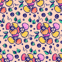 Seamless vector hand drawn floral pattern. Colorful Background with flowers, leaves. Decorative cute graphic line drawing illustration. Print for wrapping, background, fabric, decor, textile, surface