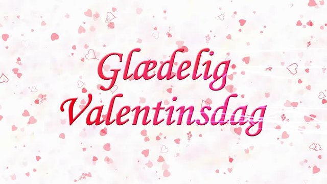 Happy Valentine's Day text in Norwegian "Glaedelig Valentinsdag" formed from dust and turns to dust horizontally with moving stripes on white animated background
