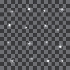 Set of glowing light effects with transparency, isolated on black background vector. Glare, rays, stars.